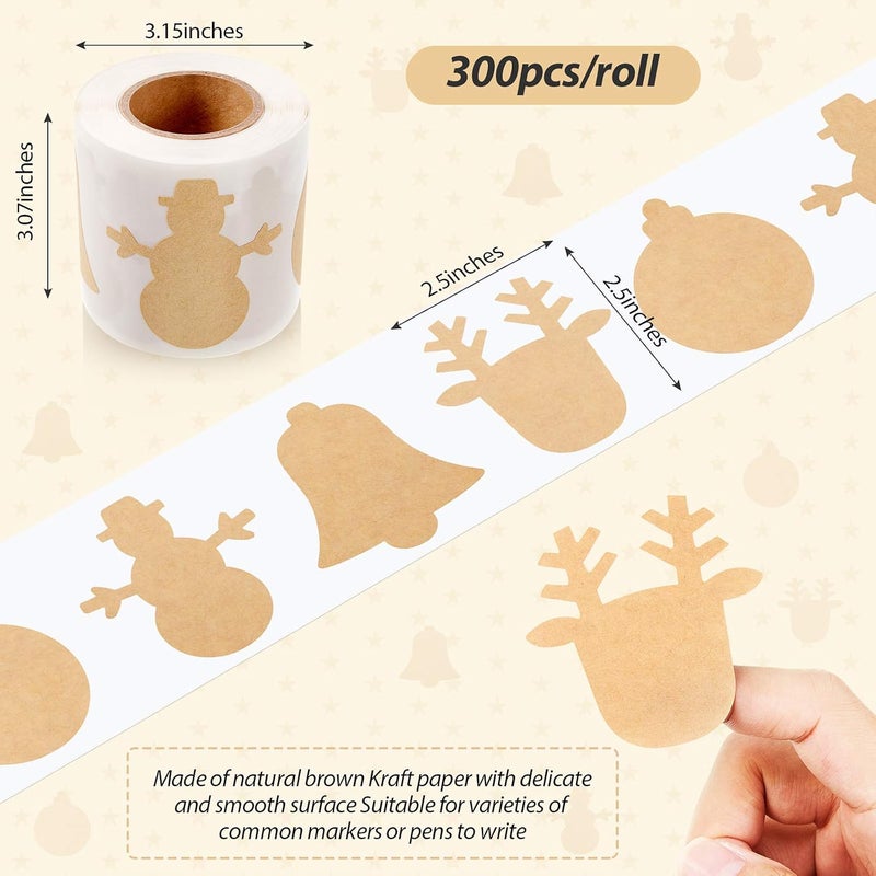 كلاراكو 300 قطعة من ملصقات ورق كرافت لعيد الميلاد، علامات عيد الميلاد البنية، علامات اسم ذات طابع عيد الميلاد لصناديق الهدايا، 2.5 × 2.5 بوصة، 4 أنماط كرة عيد الميلاد، رجل الثلج، جرس، أيل - Image 3