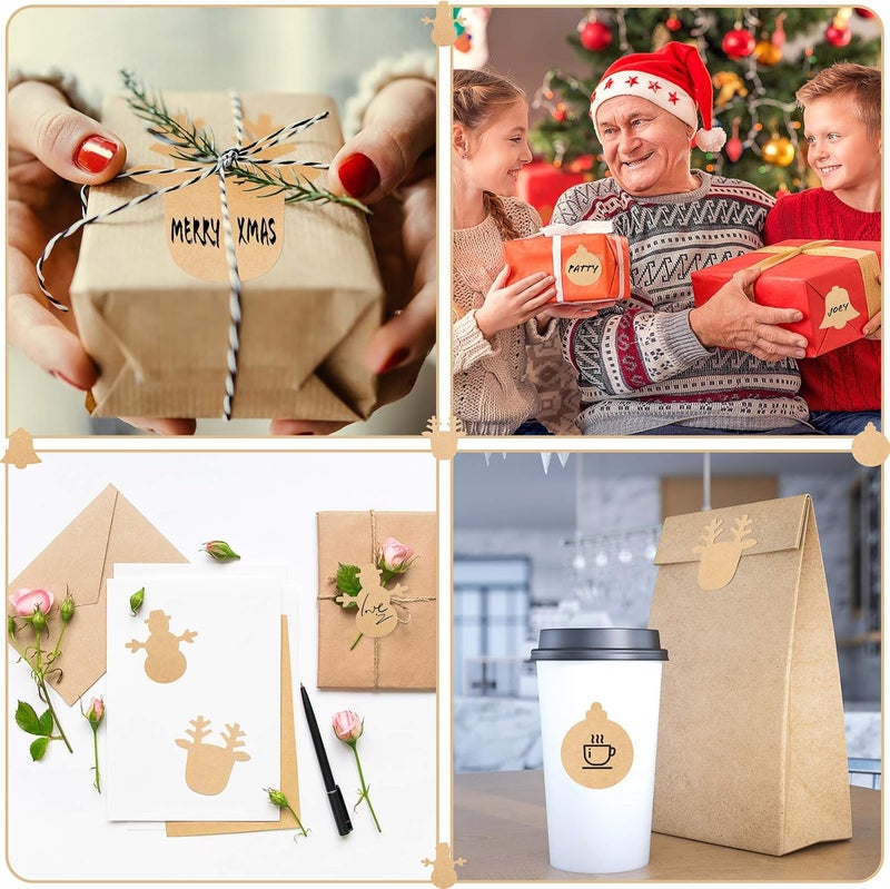 كلاراكو 300 قطعة من ملصقات ورق كرافت لعيد الميلاد، علامات عيد الميلاد البنية، علامات اسم ذات طابع عيد الميلاد لصناديق الهدايا، 2.5 × 2.5 بوصة، 4 أنماط كرة عيد الميلاد، رجل الثلج، جرس، أيل - Image 2