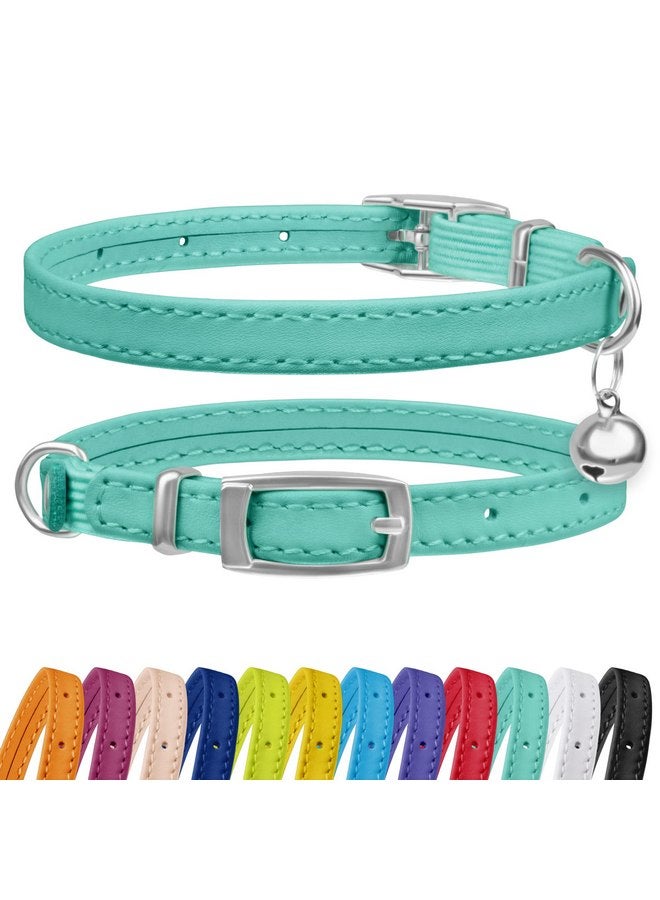 CollarDirect Leather Cat Collar with Bell - Kitten Collar, Small and Big Cat Collar for Boy Cats, Girl Cats with Safety Elastic Strap (Neck Fit 8"-11", Mint Green) - Image 1