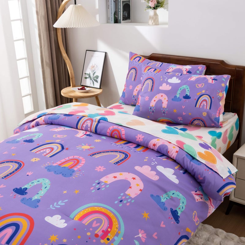 Btargot 5 Piece Dark Purple Rainbow Comforter Set for Girls Boys Kids  Twin Size Cartoon Love Hearts Flowers and Sun Star Bedding Set  Bed in a Bag with Comforter  Sheets and Pillowcases - Image 5