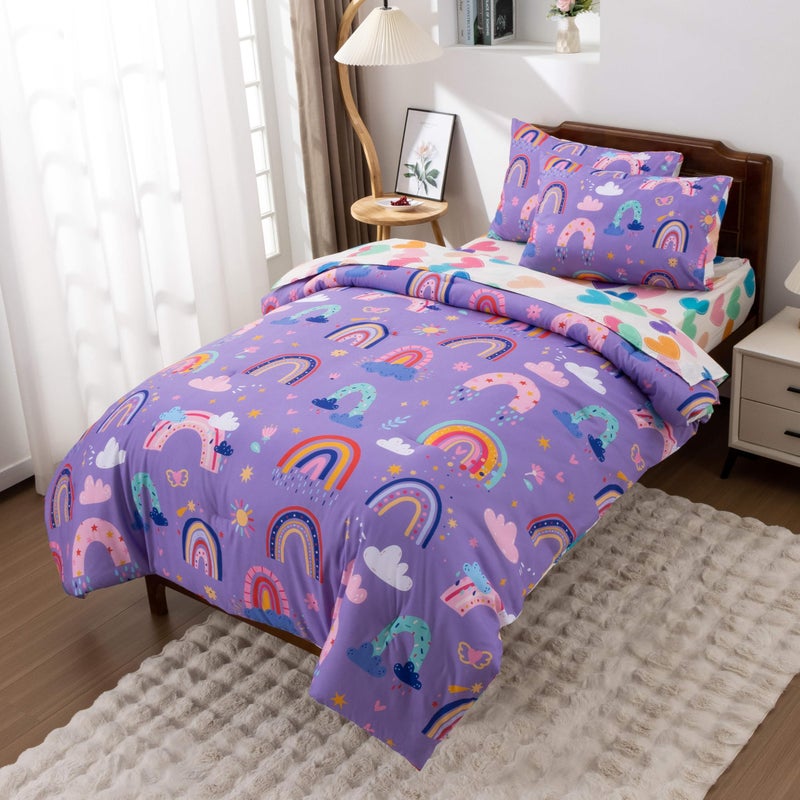 Btargot 5 Piece Dark Purple Rainbow Comforter Set for Girls Boys Kids  Twin Size Cartoon Love Hearts Flowers and Sun Star Bedding Set  Bed in a Bag with Comforter  Sheets and Pillowcases - Image 2