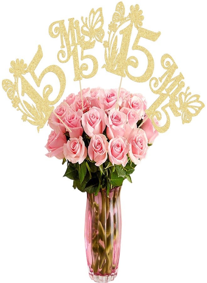 Ephlyn 12Pcs Happy 15th Birthday Centerpiece Sticks Hello 15 Sweet 15 Table Flower Centerpieces Sticks Fifteen Mis 15 Quince Floral Decorations for Cheers to 15 Theme Anniversary Party Supplies Gold - Image 1