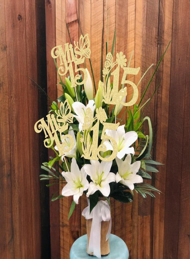 Ephlyn 12Pcs Happy 15th Birthday Centerpiece Sticks Hello 15 Sweet 15 Table Flower Centerpieces Sticks Fifteen Mis 15 Quince Floral Decorations for Cheers to 15 Theme Anniversary Party Supplies Gold - Image 3