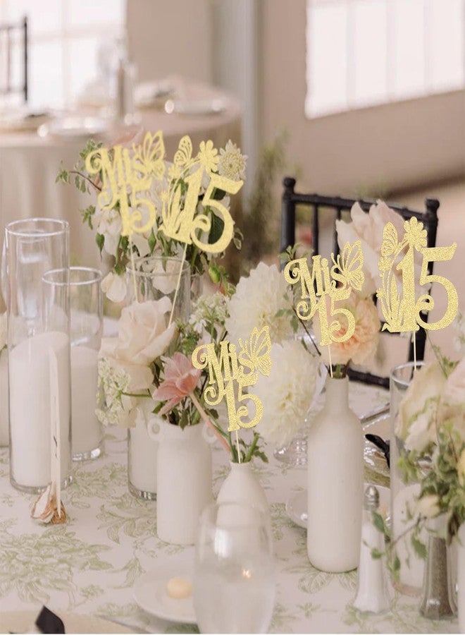 Ephlyn 12Pcs Happy 15th Birthday Centerpiece Sticks Hello 15 Sweet 15 Table Flower Centerpieces Sticks Fifteen Mis 15 Quince Floral Decorations for Cheers to 15 Theme Anniversary Party Supplies Gold - Image 4