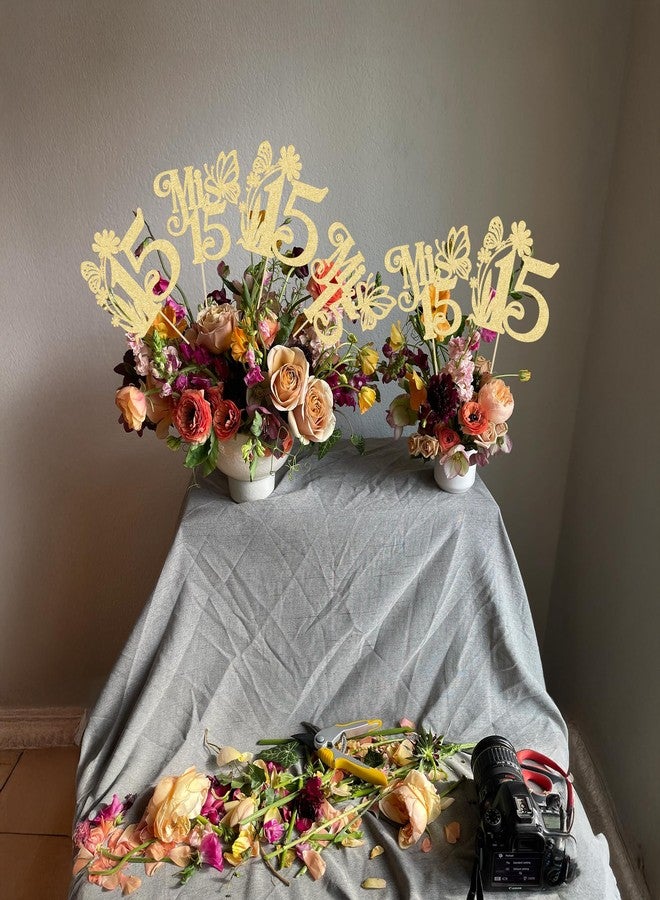 Ephlyn 12Pcs Happy 15th Birthday Centerpiece Sticks Hello 15 Sweet 15 Table Flower Centerpieces Sticks Fifteen Mis 15 Quince Floral Decorations for Cheers to 15 Theme Anniversary Party Supplies Gold - Image 2