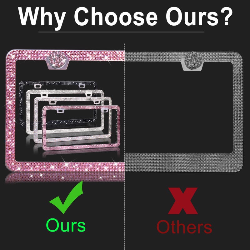 WEDAMER Pink License Plate Frame Bling License Plate Frames for Women Sparkly Rhinestone License Plate Frame Diamond Bedazzled Glitter License Plate Frames Cover Holder 2Pack, Bling Tire Valve Caps - Image 4
