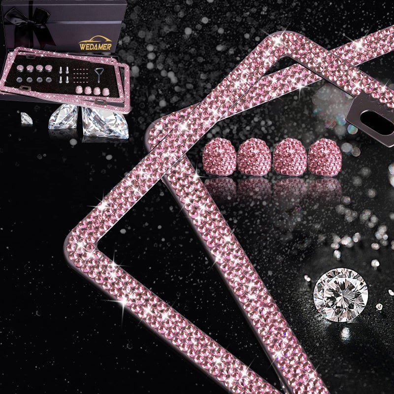 WEDAMER Pink License Plate Frame Bling License Plate Frames for Women Sparkly Rhinestone License Plate Frame Diamond Bedazzled Glitter License Plate Frames Cover Holder 2Pack, Bling Tire Valve Caps - Image 3