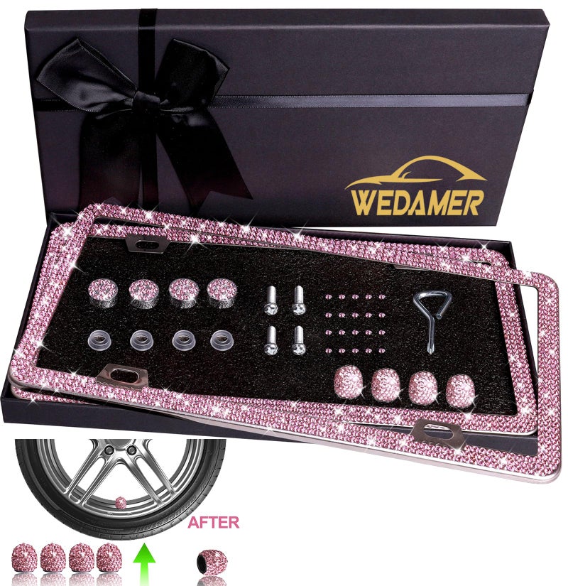 WEDAMER Pink License Plate Frame Bling License Plate Frames for Women Sparkly Rhinestone License Plate Frame Diamond Bedazzled Glitter License Plate Frames Cover Holder 2Pack, Bling Tire Valve Caps - Image 2