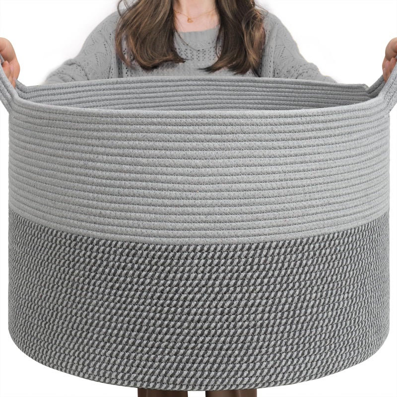 INDRESSME Extra Large Laundry Basket, Cotton Rope Blanket Basket for Nursery Living Room, Decorative Woven Storage Basket with Handles for Dirty Clothes, Toy Bin For Dog Toys, 21.7 x 13.8 inches, Grey - Image 1