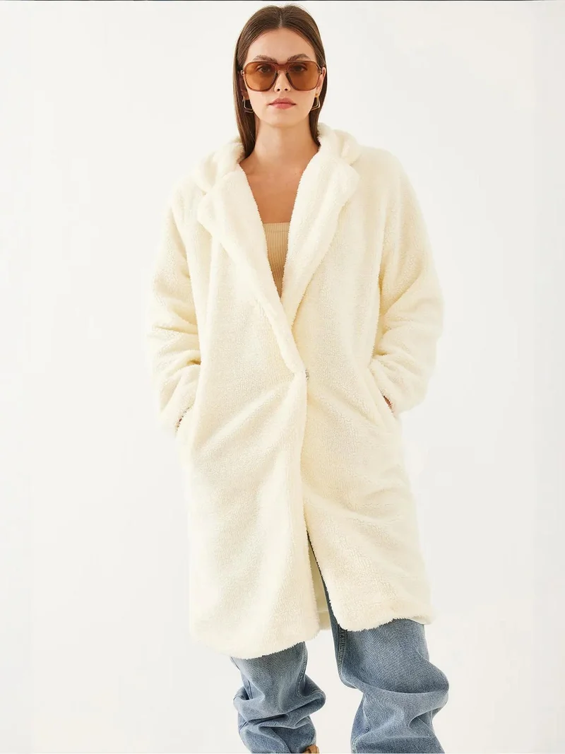 Bianco Lucci LUCCI Long Plush Shawl Collar Faux Fur Coat