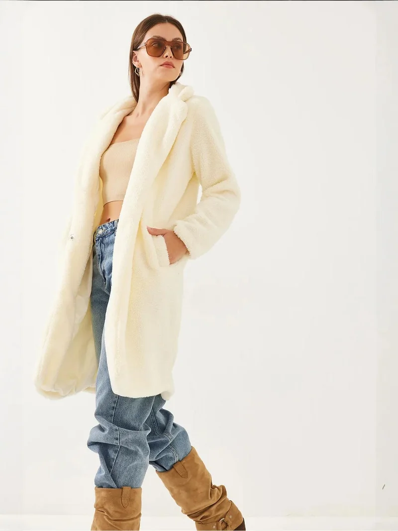 Bianco Lucci LUCCI Long Plush Shawl Collar Faux Fur Coat