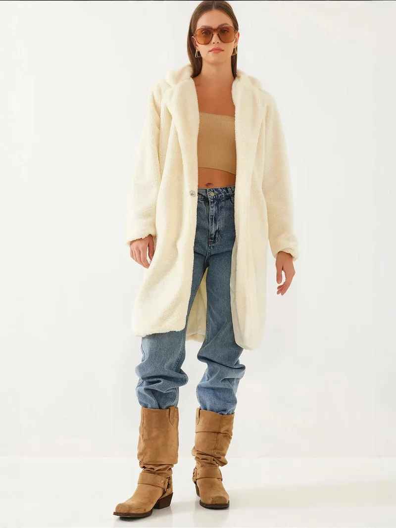 Bianco Lucci LUCCI Long Plush Shawl Collar Faux Fur Coat