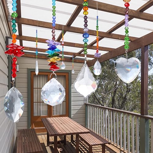 JULMELON 8 Pieces Colorful Crystals Suncatcher Hanging for Window, Rainbow Octogon Chakra Pendants Suncatchers with Crystals Beads Chain for Home Garden Christmas Day Party Wedding Decoration - Image 5