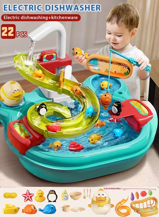 Children's dishwashing toys,Children's electric dishwashing toy set，fishing toy,2-in-1 fishing and dishwashing toy,Vegetable sink kitchen toy scenario simulation toy,Water Park,Increase capacity sink, electric water outlet, fully automatic water play in the kitchen for boys and girls to play with - Image 1