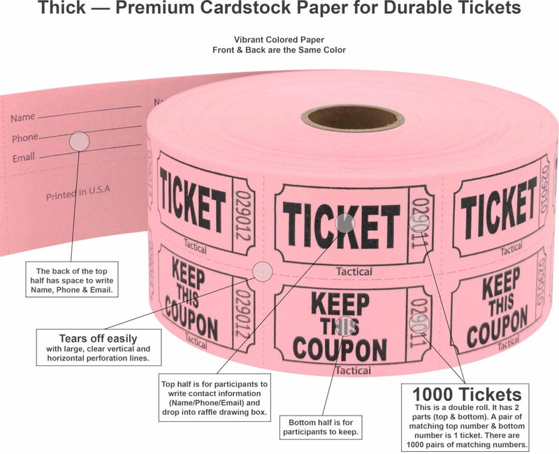 Tacticai 1000 Tacticai Raffle Tickets, Pink (1 of 8 Colors), Double Roll, Ticket for Events, Entry, Class Reward, Fundraiser & Prizes - Image 2
