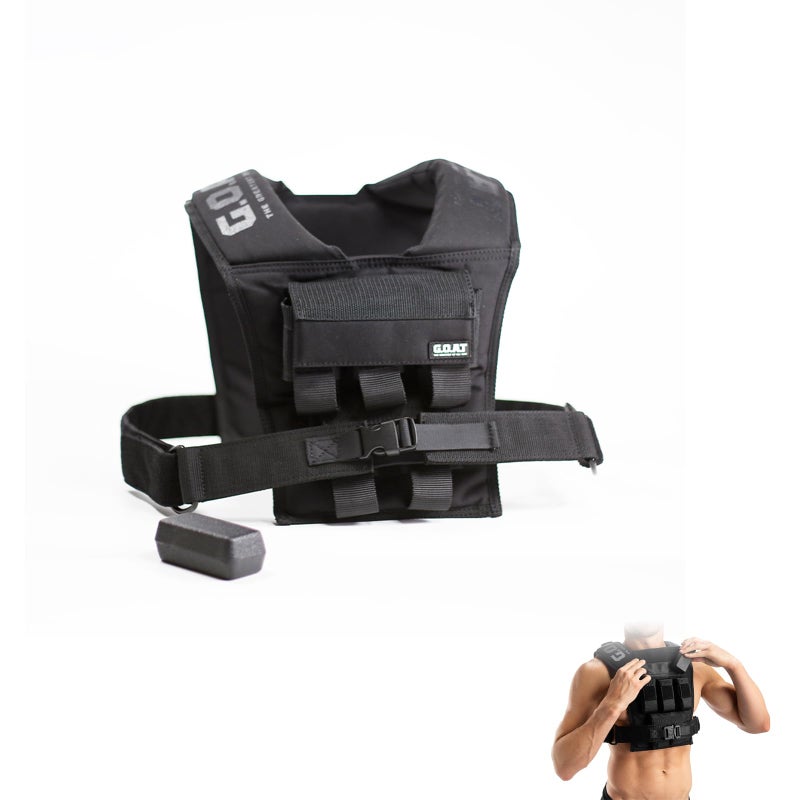 جوت  سترة أوزان احترافية من G.O.A.T - مقاومة قابلة للتعديل 10 كجم، هيكل فاخر ومتين - لتدريب القوة، الكروس فيت، والجري - للجنسين (أسود)