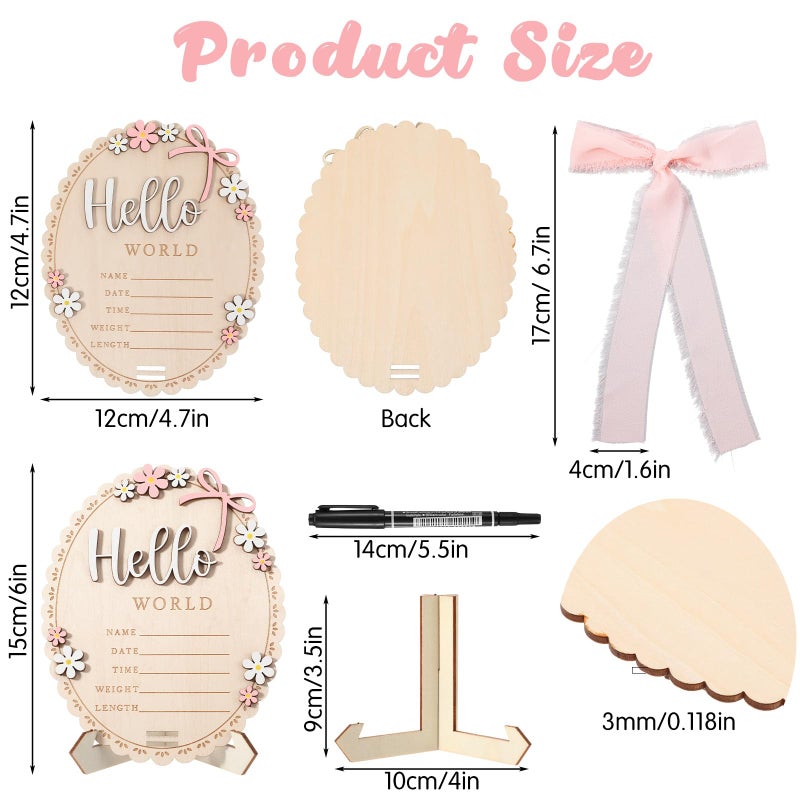 Tucnoeu Baby Announcement Sign, Wooden Hello World Newborn Welcome Sign, Bow Birth Stats Signs Newborn Photo Prop, Monthly Milestone Wood Discs(Ribbon) - Image 2