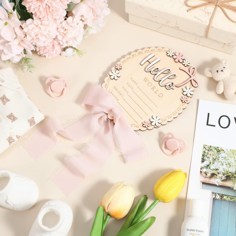 Tucnoeu Baby Announcement Sign, Wooden Hello World Newborn Welcome Sign, Bow Birth Stats Signs Newborn Photo Prop, Monthly Milestone Wood Discs(Ribbon) - Image 5