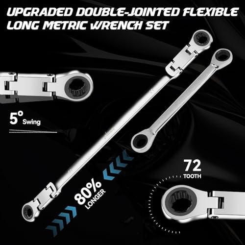 DISEN Double Jointed Extra Long Flex Head Ratchet Wrench Set, 6 PCS Metric 8-19mm Box End Ratcheting Wrench with a Magnetic Pickup Tool Kit, 72-Teeth, Cr-V Steel,12 Point Combination Wrench set - Image 5