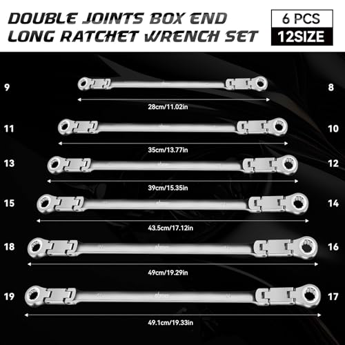 DISEN Double Jointed Extra Long Flex Head Ratchet Wrench Set, 6 PCS Metric 8-19mm Box End Ratcheting Wrench with a Magnetic Pickup Tool Kit, 72-Teeth, Cr-V Steel,12 Point Combination Wrench set - Image 4