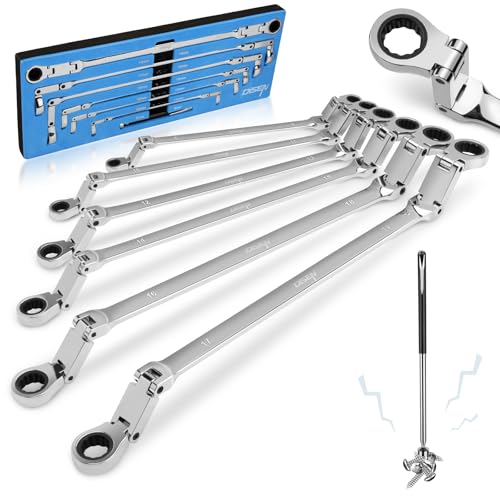 DISEN Double Jointed Extra Long Flex Head Ratchet Wrench Set, 6 PCS Metric 8-19mm Box End Ratcheting Wrench with a Magnetic Pickup Tool Kit, 72-Teeth, Cr-V Steel,12 Point Combination Wrench set - Image 1
