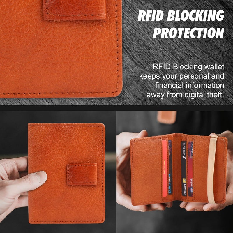 Dezire Crafts Bifold Leather Card Holder Wallet | 6 Card Slots, 1 ID Window & Elastic Closure | Slim & Minimalist Wallet for Men & Women | Compact Leather Card Case (Tan) - Image 5