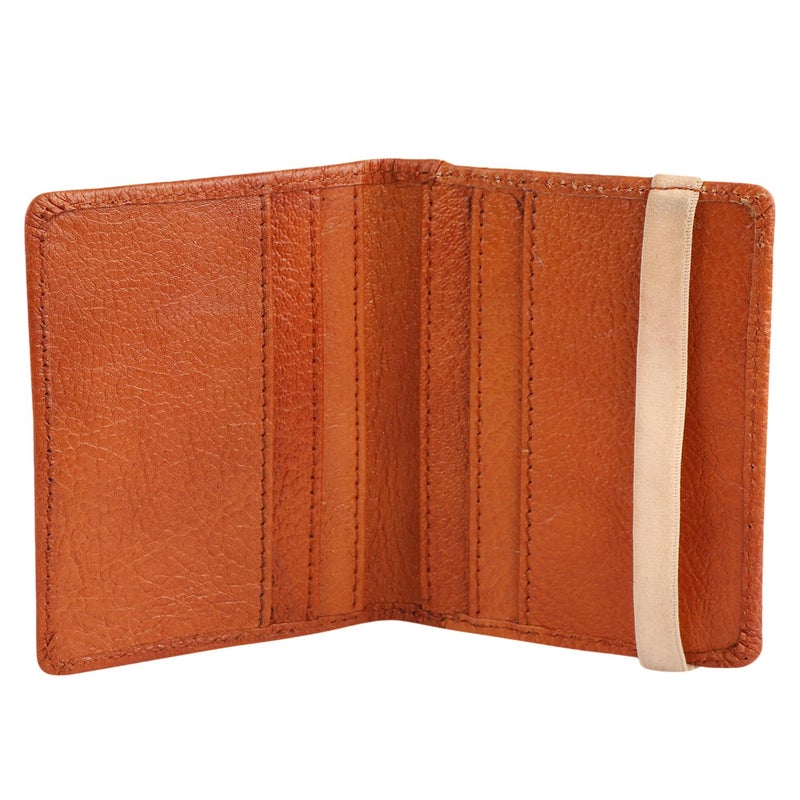 Dezire Crafts Bifold Leather Card Holder Wallet | 6 Card Slots, 1 ID Window & Elastic Closure | Slim & Minimalist Wallet for Men & Women | Compact Leather Card Case (Tan) - Image 1