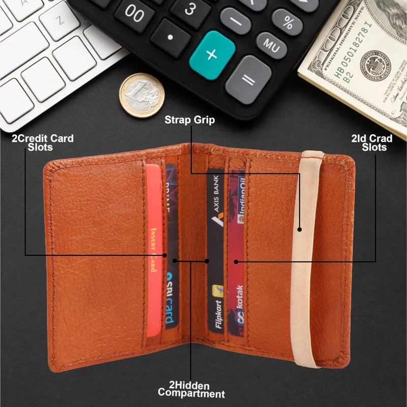 Dezire Crafts Bifold Leather Card Holder Wallet | 6 Card Slots, 1 ID Window & Elastic Closure | Slim & Minimalist Wallet for Men & Women | Compact Leather Card Case (Tan) - Image 2