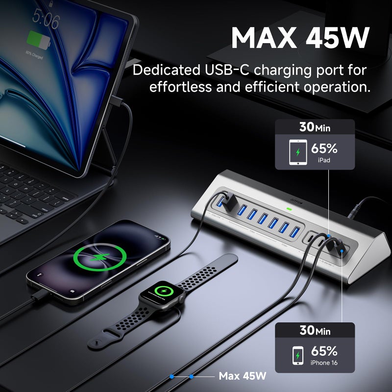 Gitfos Powered USB Hub,13 in 1 USB 3.2 Hub, USB C Hub with PD 100W, USB C 45W Charging,10Gbps Data, 7 USB A 3.0 Ports, 65W Power Adapter and 3.3FT Cable, Aluminum USB Hub for PC,Laptop,MacBook,iPad - Image 3