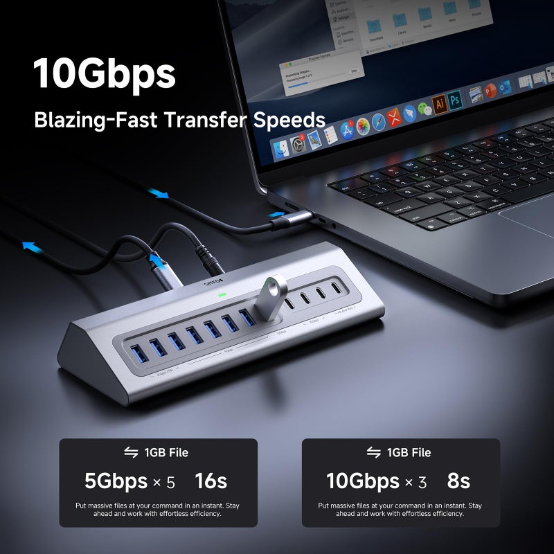 Gitfos Powered USB Hub,13 in 1 USB 3.2 Hub, USB C Hub with PD 100W, USB C 45W Charging,10Gbps Data, 7 USB A 3.0 Ports, 65W Power Adapter and 3.3FT Cable, Aluminum USB Hub for PC,Laptop,MacBook,iPad - Image 5