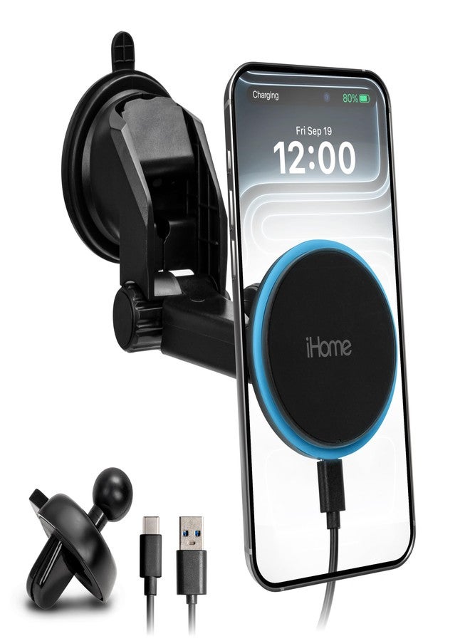 iHome 3-in-1 Magnetic Wireless Charging, Flexible Mount for Vent, Dash & Windshield, 15W Fast Charge - Image 1