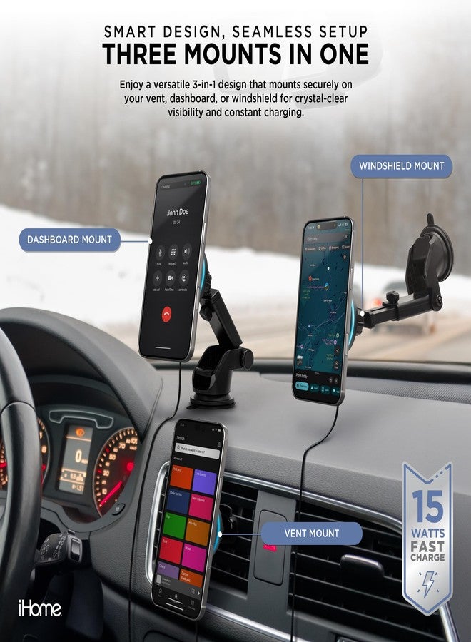 iHome 3-in-1 Magnetic Wireless Charging, Flexible Mount for Vent, Dash & Windshield, 15W Fast Charge - Image 2