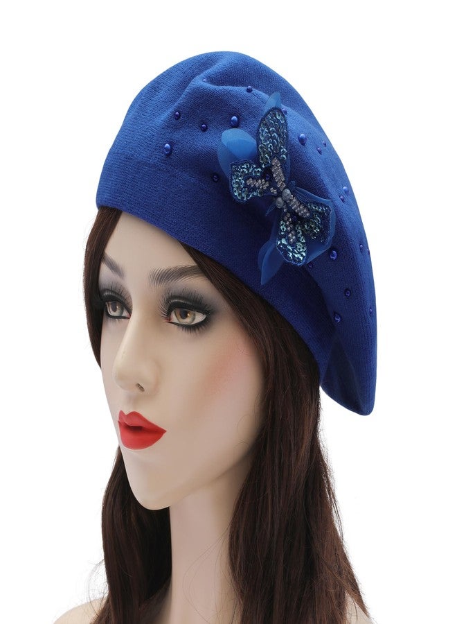 ZLYC Womens French Beret Hat Reversible Solid Color Cashmere Mosaic Warm Beret Cap, Butterfly Royal Blue, One Size - Image 2