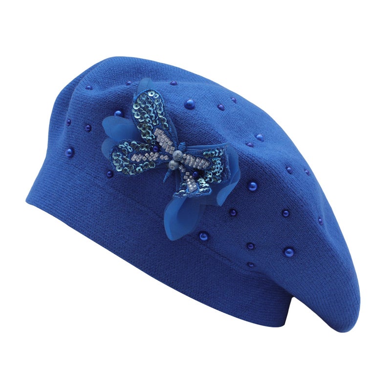 ZLYC Womens French Beret Hat Reversible Solid Color Cashmere Mosaic Warm Beret Cap, Butterfly Royal Blue, One Size - Image 1