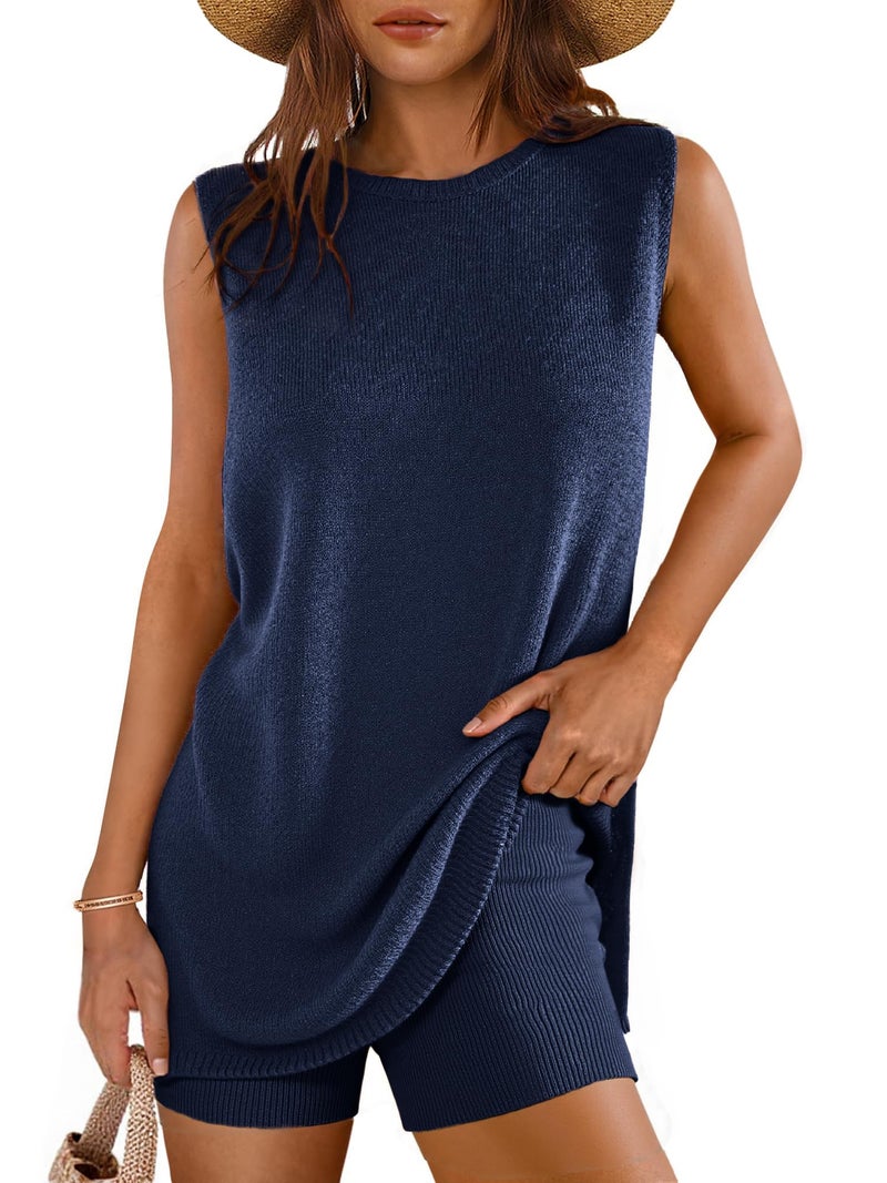Glamaker Women's 2 Piece Short Sets Summer Sleeveless Knit Sweater Tank and Shorts Set Matching Sets Vacation Outfits (Navy Blue M) - Image 1