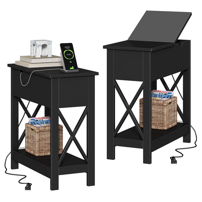 choochoo طاولة جانبية تشو تشو مع محطة شحن طاولة جانبية ضيقة مع منافذ USB ومخارج طاقة للمساحات الصغيرة طاولة سرير طاولة أريكة لغرفة المعيشة وغرفة النوم سوداء 2 حزمة