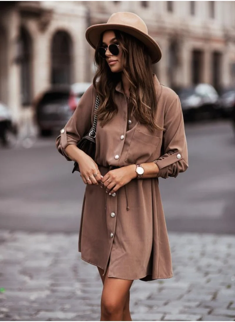 يونيكي Brown Roll-Up Sleeves Shirt Dress