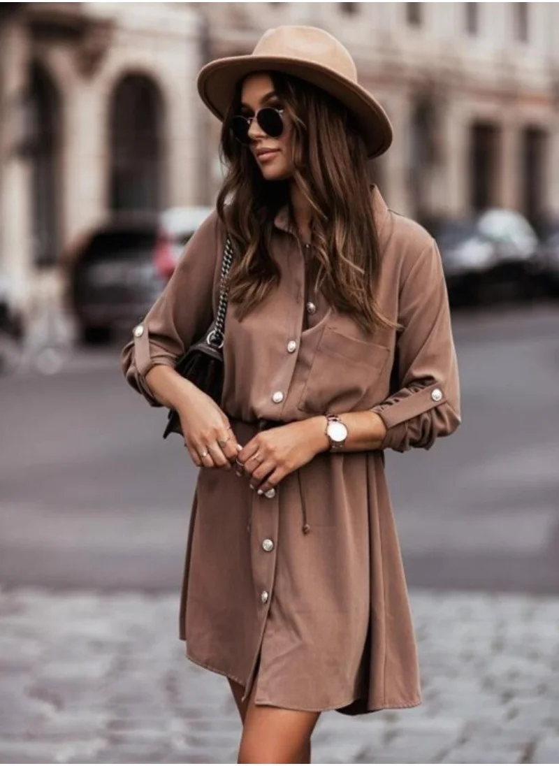 يونيكي Brown Roll-Up Sleeves Shirt Dress