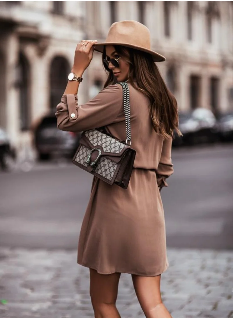 يونيكي Brown Roll-Up Sleeves Shirt Dress