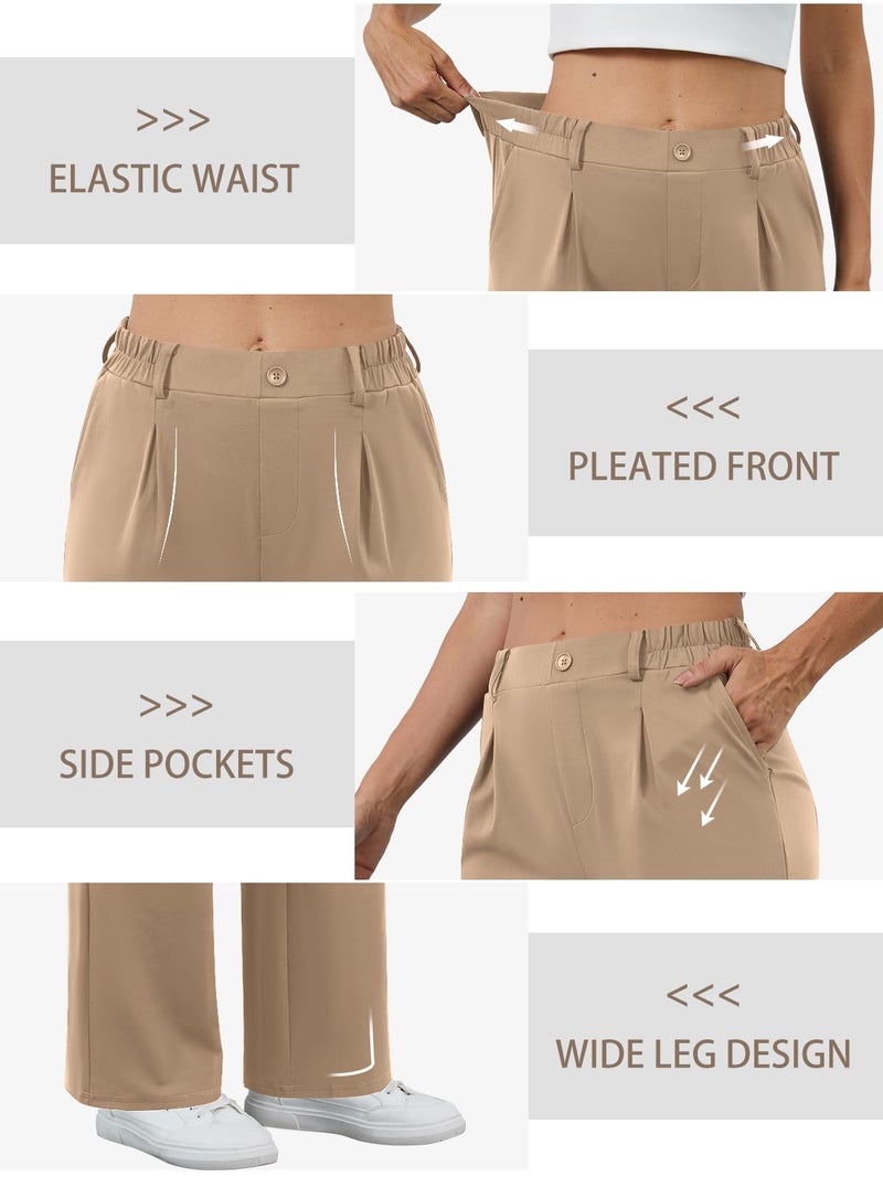 COPYLEAF Womens Dress Pants Wide Leg Stretchy Work Pants with Pockets Elastic Waist Pleated Front Business Casual Slacks(Light Coffee L) - Image 5