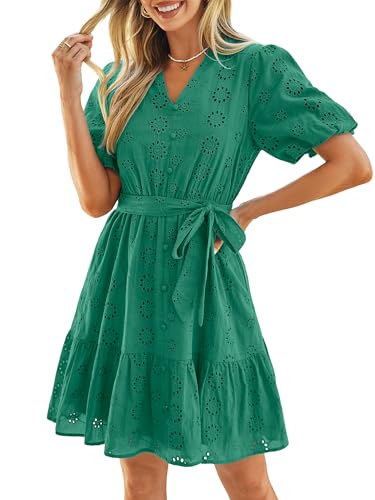 Simplee Apparel Simplee Womens 2026 Summer Mini Dress 2026 Spring V Neck Short Sleeve Hollow Out Lace Ruffle Belt Casual Beach Vacation Dress(Green M) - Image 1