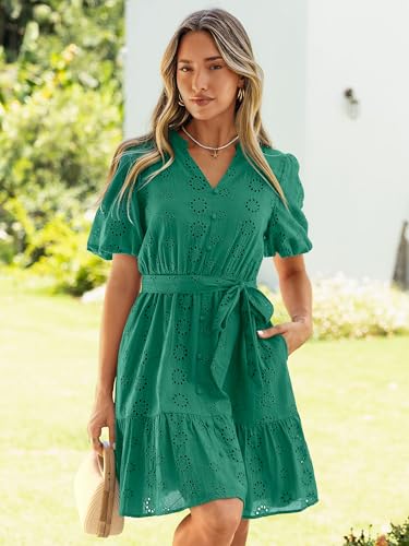 Simplee Apparel Simplee Womens 2026 Summer Mini Dress 2026 Spring V Neck Short Sleeve Hollow Out Lace Ruffle Belt Casual Beach Vacation Dress(Green M) - Image 3