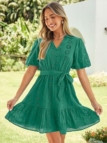 Simplee Apparel Simplee Womens 2026 Summer Mini Dress 2026 Spring V Neck Short Sleeve Hollow Out Lace Ruffle Belt Casual Beach Vacation Dress(Green M) - Image 4