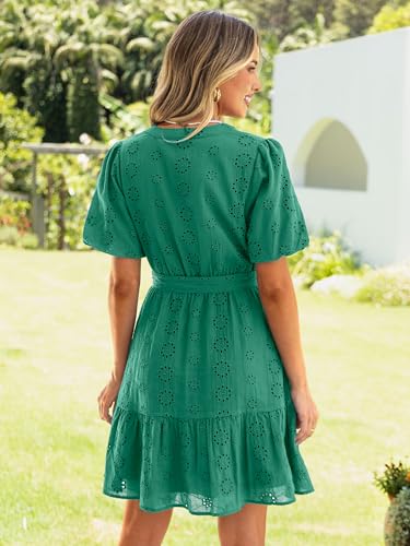 Simplee Apparel Simplee Womens 2026 Summer Mini Dress 2026 Spring V Neck Short Sleeve Hollow Out Lace Ruffle Belt Casual Beach Vacation Dress(Green M) - Image 5
