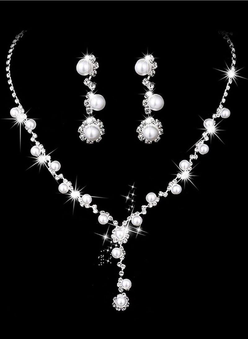 Suntown Wedding Bridal Jewelry Rhinestone Bride Necklace Earrings Set Silver Bridesmaid Crystal Necklace Accessories Sets for Women and Girls - Image 1