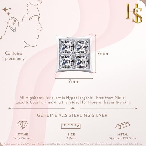 HIGHSPARK 925 Silver Men's Stylish Square Solitaire Earring | 92.5 Sterling Silver and Diamond like Brilliance Zirconia | Single Stud for Men | Lovely Gift - 4CZSQ Square - Image 2