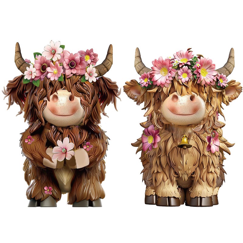 Burbell 2 Pack Highland Cow Brown Scottish Highland Cow Gnomes with Flower Resin Figurine Calf Gnome Herd Gnome Gifts for Farmhouse Table Home Garden Decorations (Pink Purple Flower) - Image 1
