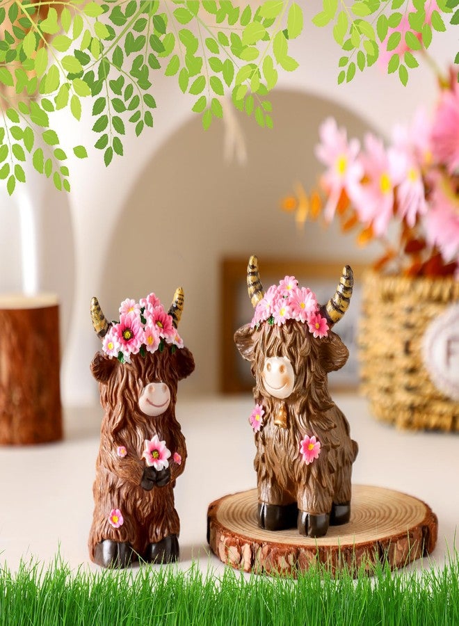 Burbell 2 Pack Highland Cow Brown Scottish Highland Cow Gnomes with Flower Resin Figurine Calf Gnome Herd Gnome Gifts for Farmhouse Table Home Garden Decorations (Pink Purple Flower) - Image 5