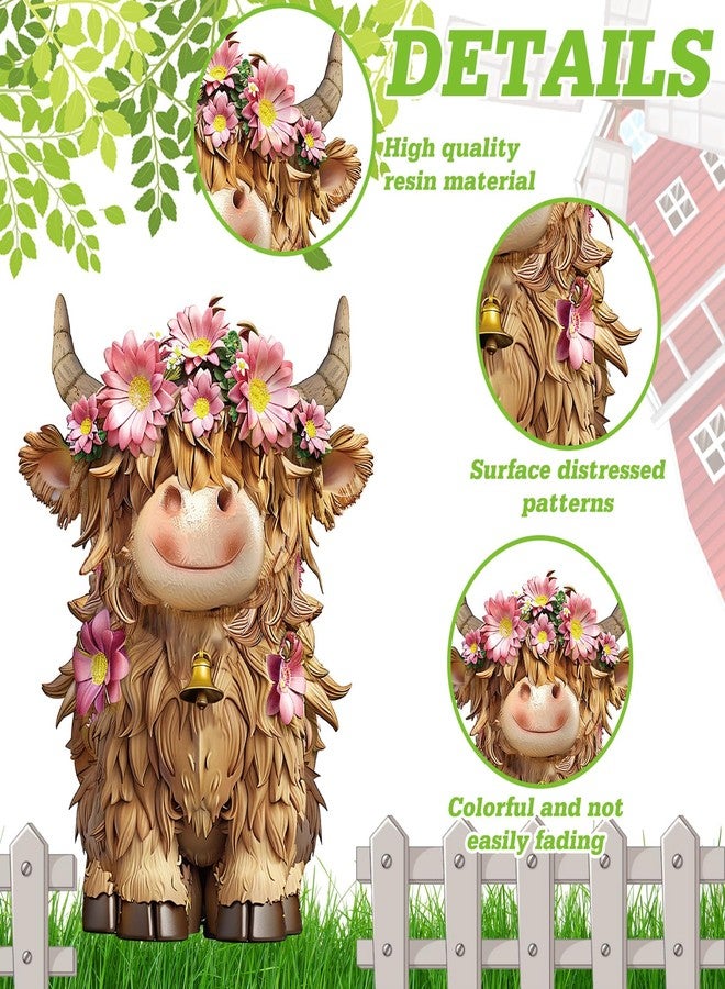 Burbell 2 Pack Highland Cow Brown Scottish Highland Cow Gnomes with Flower Resin Figurine Calf Gnome Herd Gnome Gifts for Farmhouse Table Home Garden Decorations (Pink Purple Flower) - Image 4