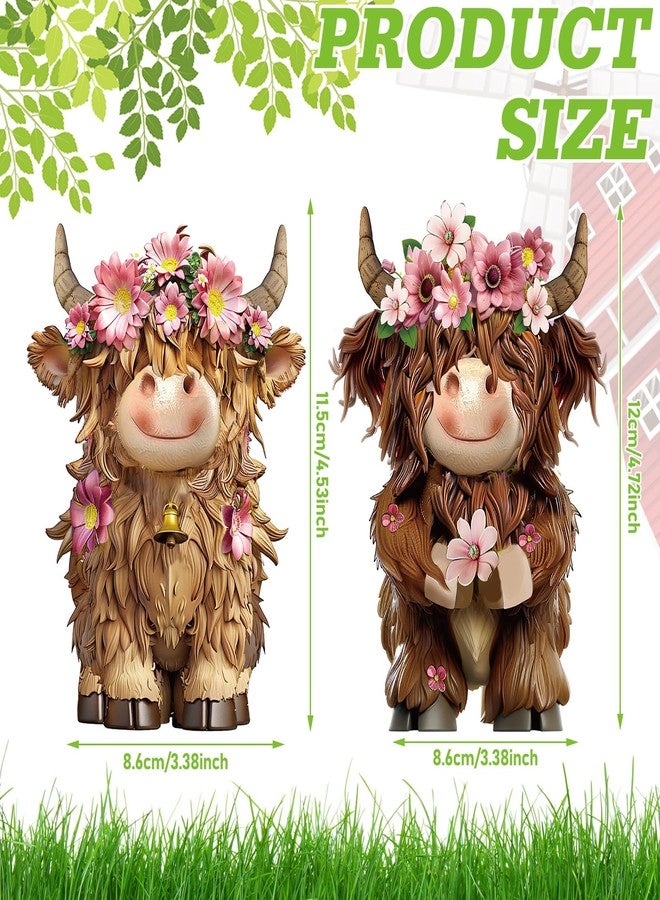 Burbell 2 Pack Highland Cow Brown Scottish Highland Cow Gnomes with Flower Resin Figurine Calf Gnome Herd Gnome Gifts for Farmhouse Table Home Garden Decorations (Pink Purple Flower) - Image 3